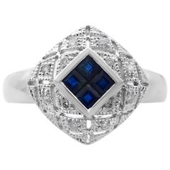 Bague pour femme en or blanc 14 carats avec saphir bleu 0,25 carat et diamants 0,10 carat