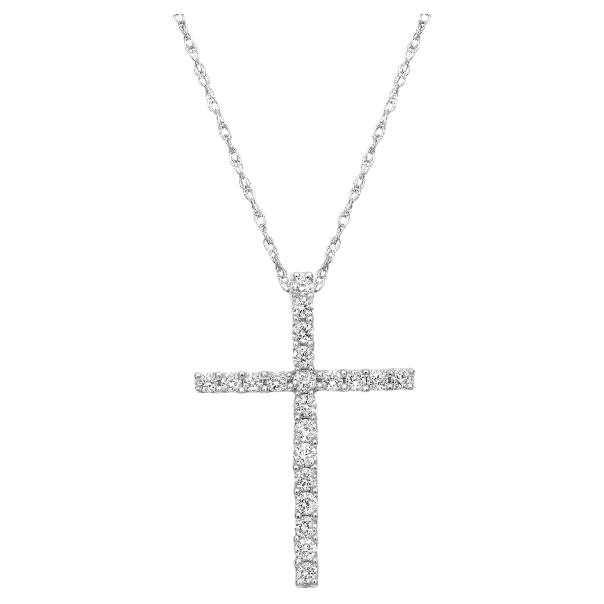 0.25Cttw Round Cut Diamond Cross Pendant Necklace 14K White Gold 18 Inches