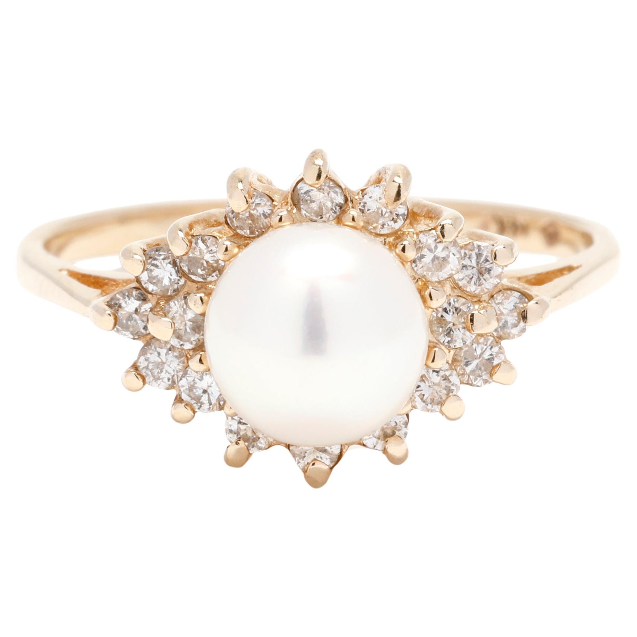 0.25ctw Diamond and Pearl Cluster Ring, 14k Yellow Gold, Ring Size 5.5 For Sale