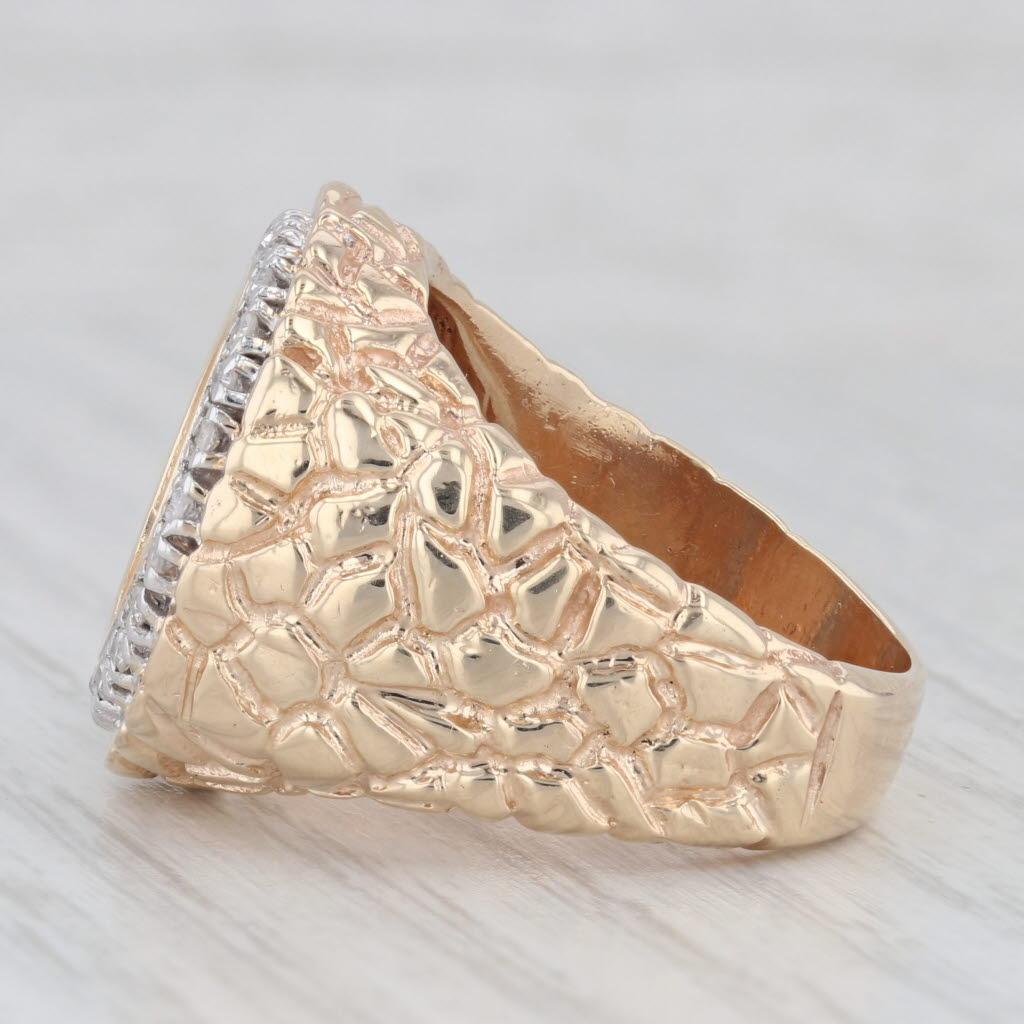 0.25ctw Diamond Bezel 1945 Dos Pesos Coin Ring 900 14k Gold Hammered In Good Condition For Sale In McLeansville, NC