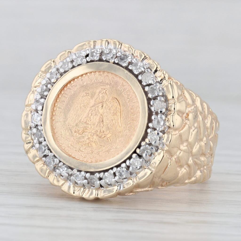 0.25ctw Diamond Bezel 1945 Dos Pesos Coin Ring 900 14k Gold Hammered For Sale 1