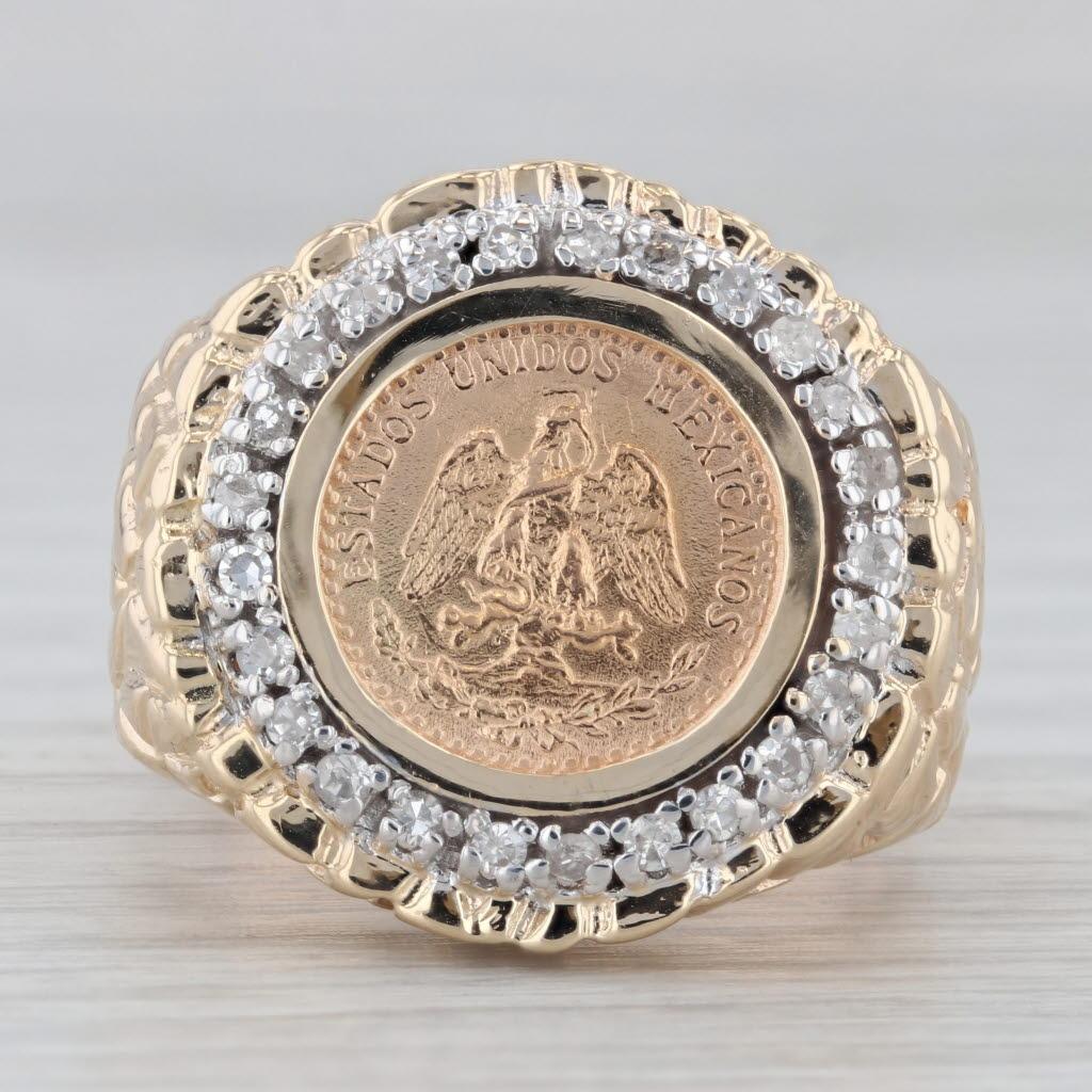 0.25ctw Diamond Bezel 1945 Dos Pesos Coin Ring 900 14k Gold Hammered For Sale 2