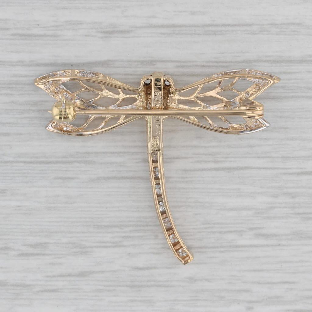 Round Cut 0.25ctw Diamond Dragonfly Brooch 18k Yellow Gold Statement Pin Insect Jewelry For Sale