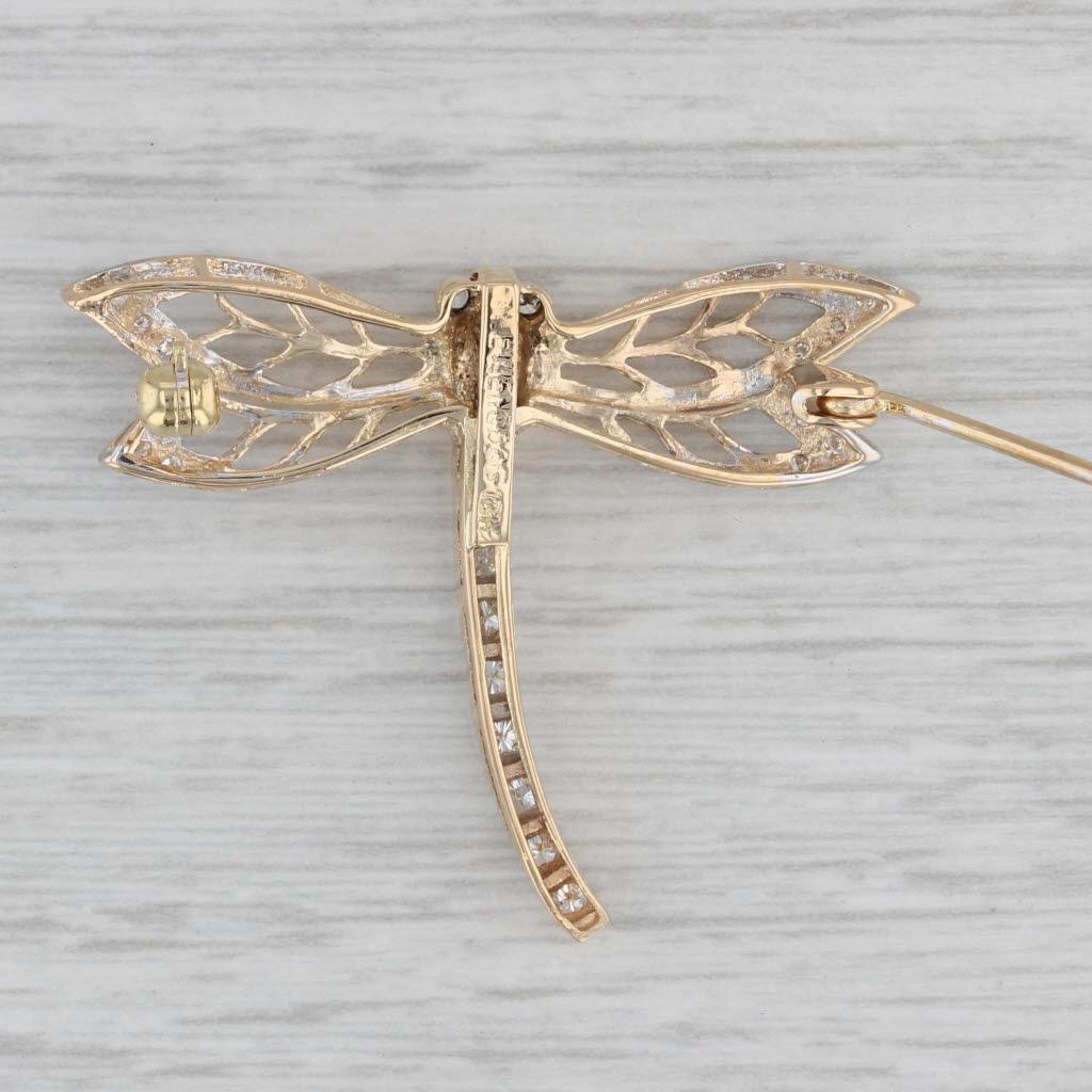 0.25ctw Diamond Dragonfly Brooch 18k Yellow Gold Statement Pin Insect Jewelry In Good Condition For Sale In McLeansville, NC