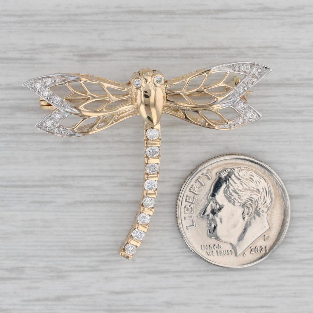 0.25ctw Diamond Dragonfly Brooch 18k Yellow Gold Statement Pin Insect Jewelry For Sale 1