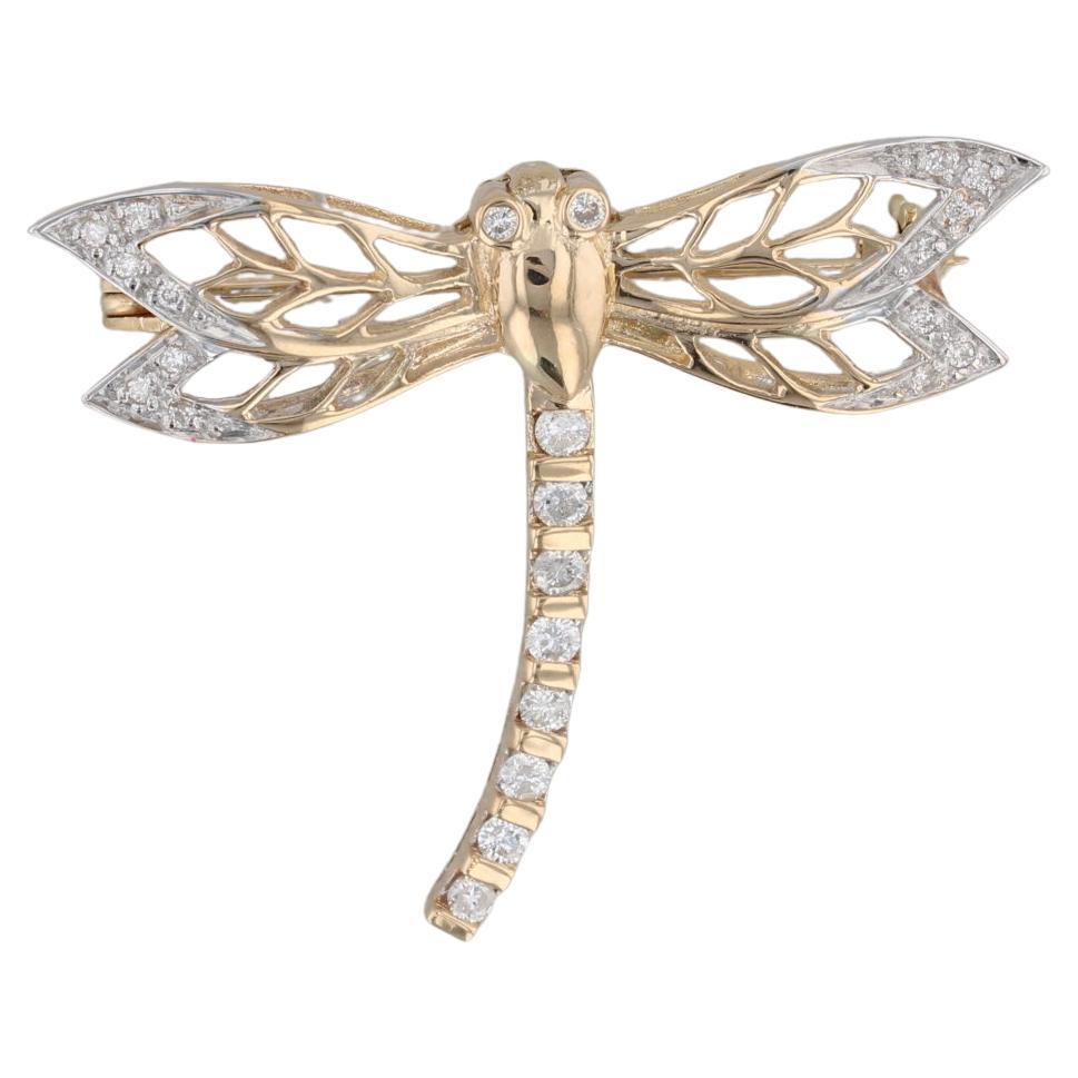 0.25ctw Diamond Dragonfly Brooch 18k Yellow Gold Statement Pin Insect Jewelry For Sale