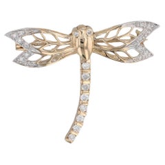 0.25ctw Diamond Dragonfly Brooch 18k Yellow Gold Statement Pin Insect Jewelry