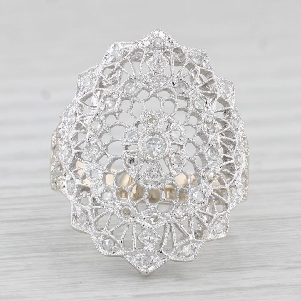 Round Cut 0.25ctw Diamond Filigree Ring 18k Gold Size 7.5 Cocktail For Sale