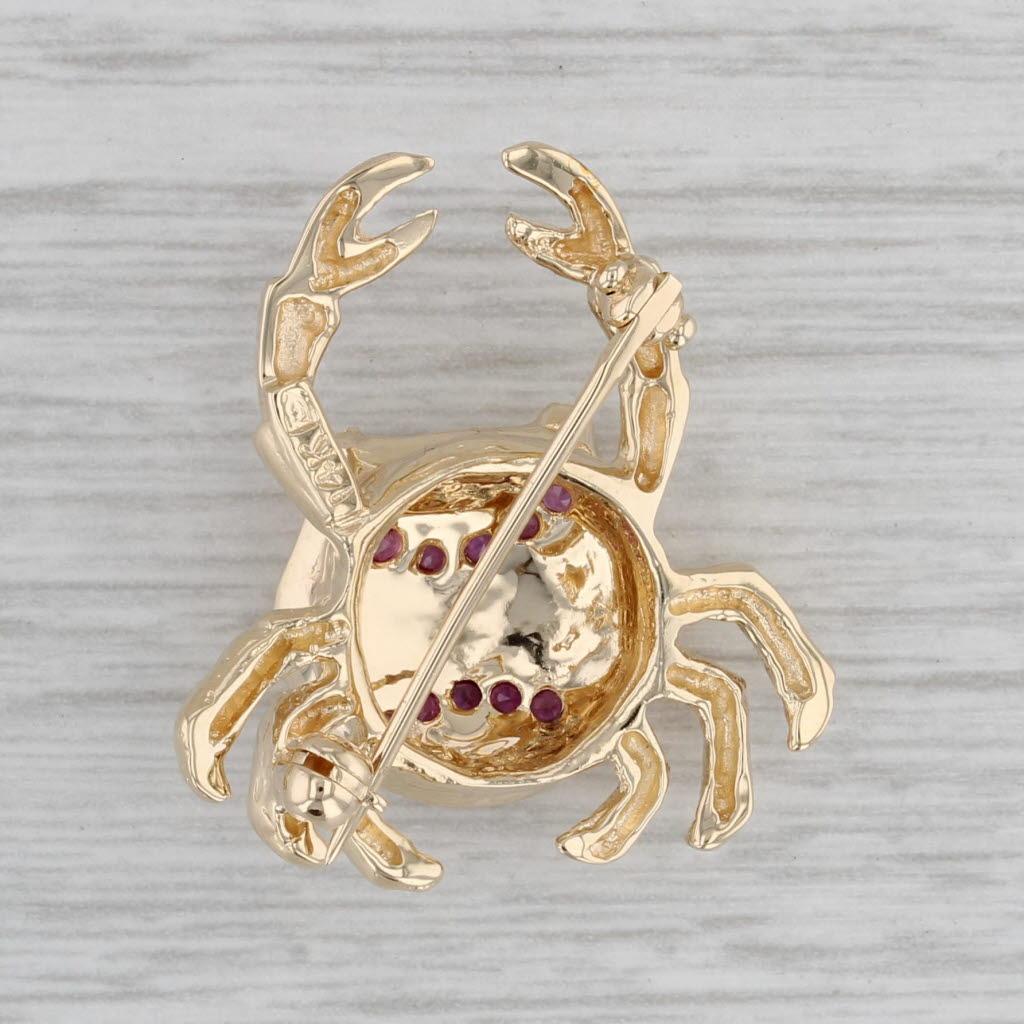 Round Cut 0.25ctw Ruby Diamond Crab Brooch 14k Yellow Gold Nautical Pin