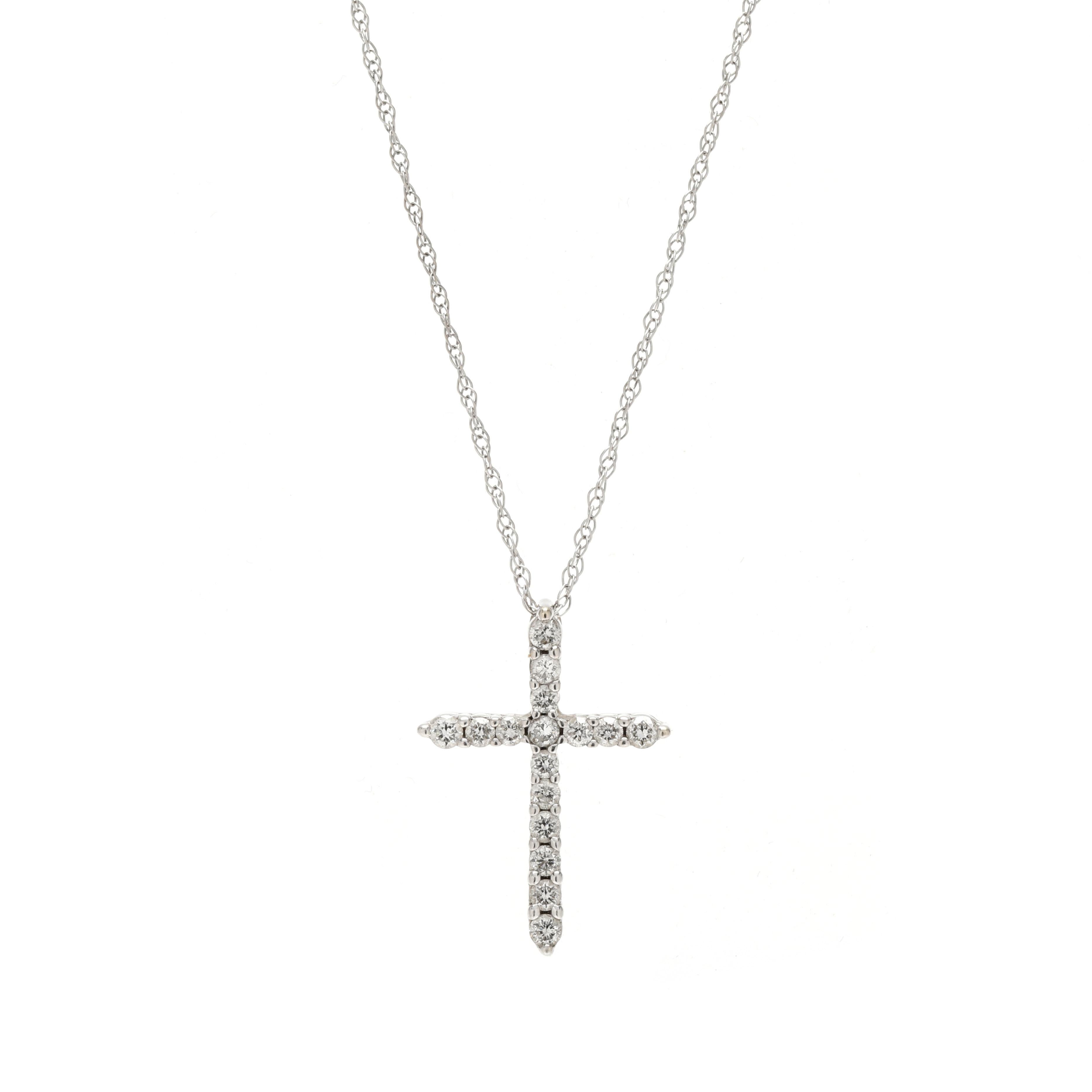 0.25ctw Small Diamond Cross Necklace, 14k White Gold, Length 18 Inches