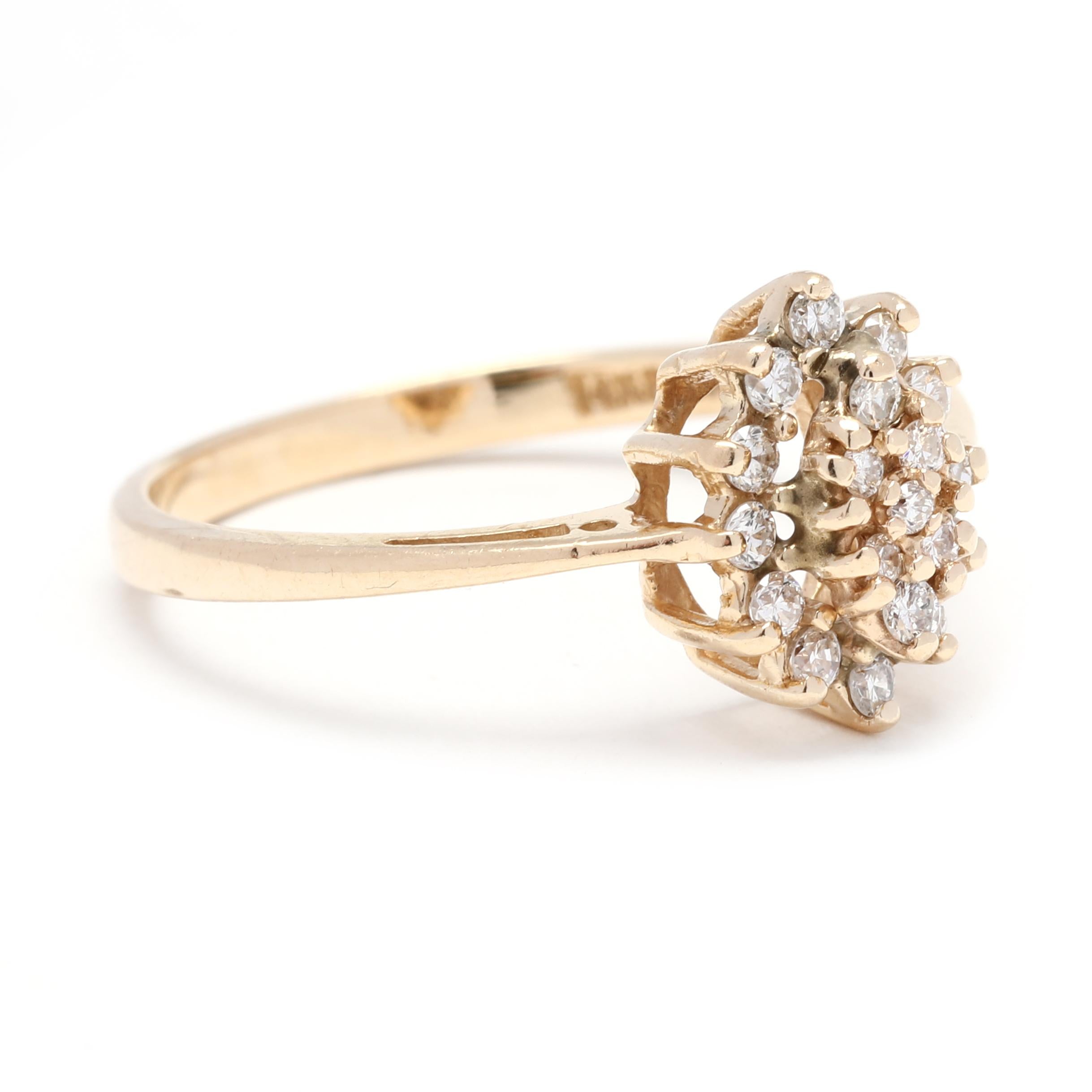 This beautiful 0.25ctw navette diamond cluster ring radiates classic beauty. Crafted in 14K yellow gold, the ring features a clustered setting of 12 dazzling diamonds for extra sparkle and shine. Elegant and timeless, this diamond ring makes the