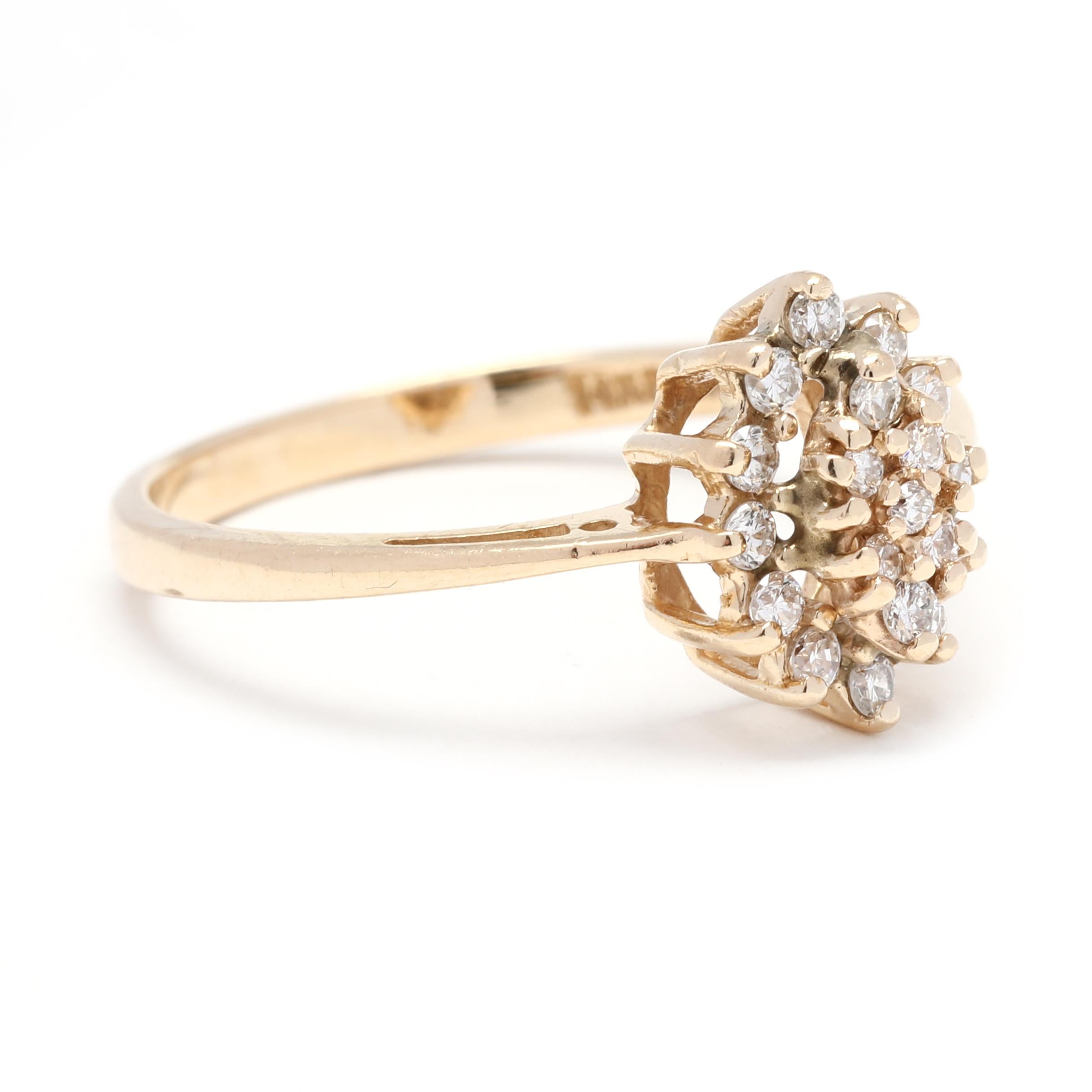 Pietre:
- diamanti, 19 pietre
- taglio rotondo brillante
- 1.25 - 1.5 mm
- circa .25 carati totali
- Colore G-H, purezza SI1-2

Anello misura 6

Altezza dal dito: 5.6 mm

Lunghezza: 10,6 mm

Peso: 1,4 dwts. / 2,2 grammi

Timbri: 14K

Un paio di cose