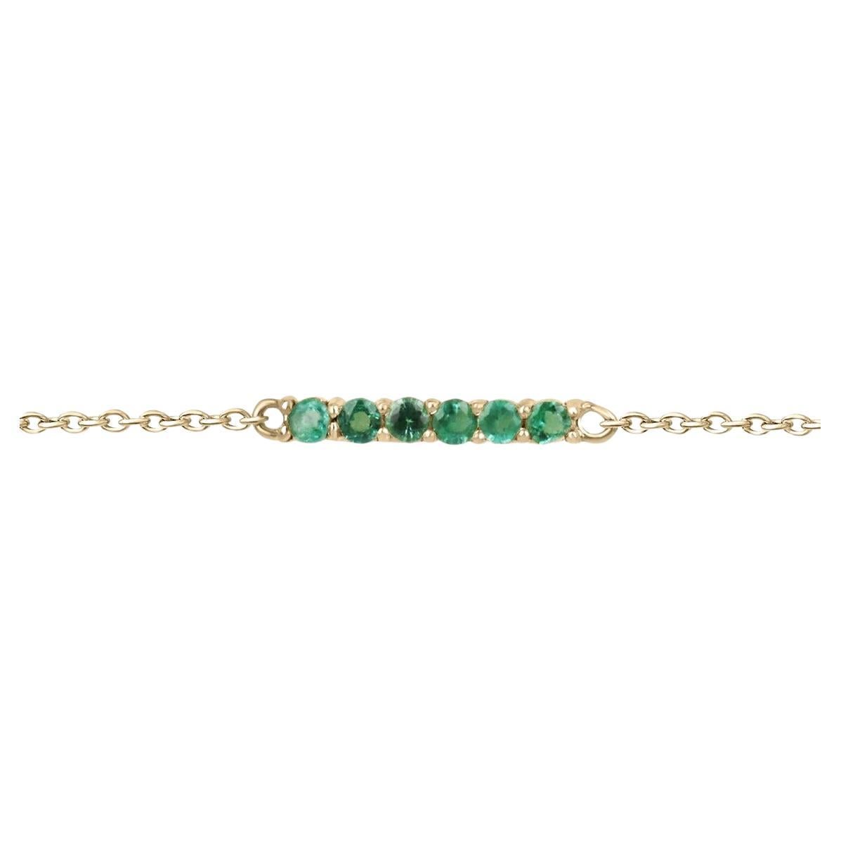 0.25tcw 14K Natural Medium Vivid Green Round Cut Emerald Bar Gold Bracelet For Sale
