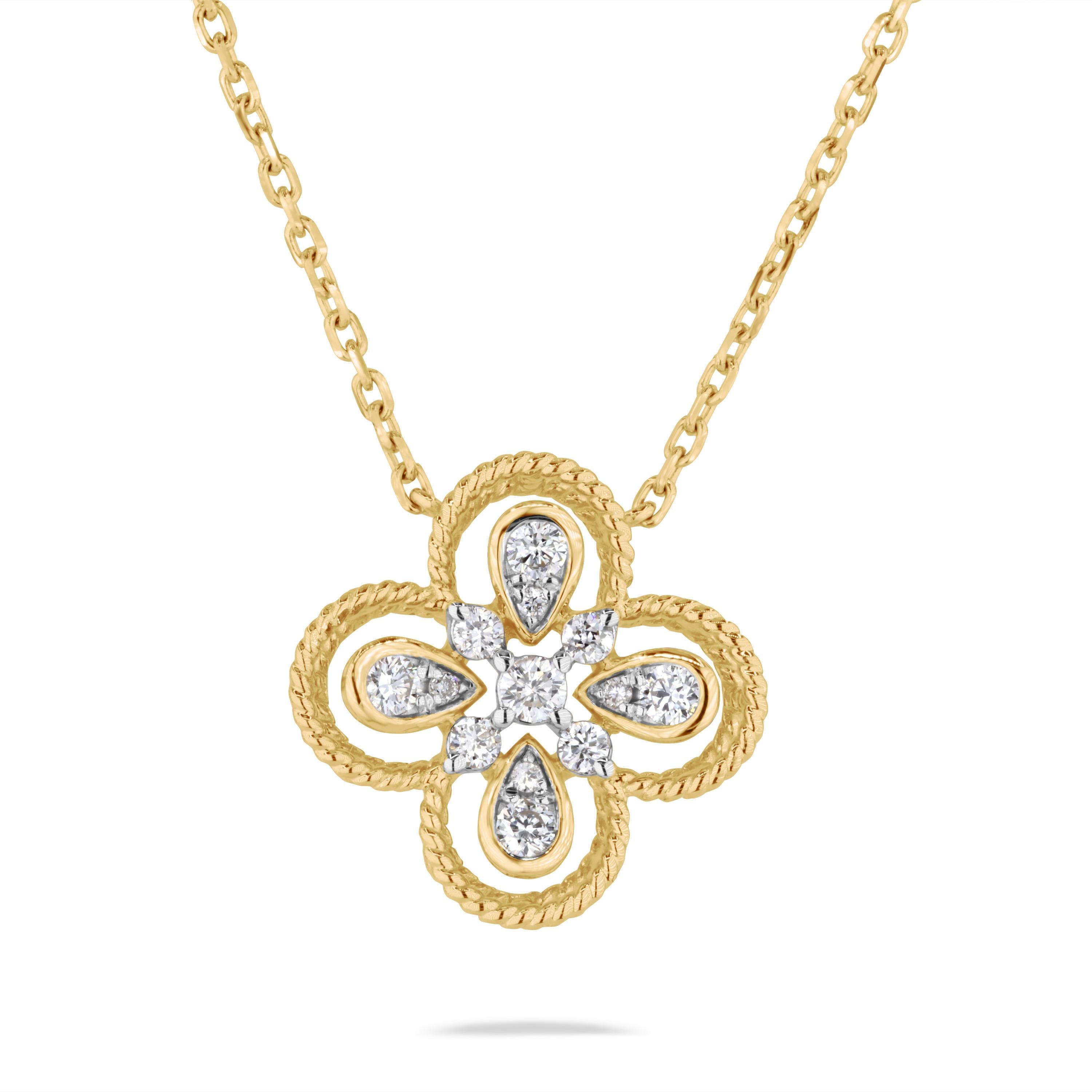 Introducing a timeless piece of jewelry that exudes elegance and charm: the exquisite Clover Flower Diamond Pendant in 14k Yellow Gold. This pendant is more than just a piece of jewelry; it's a symbol of beauty, luck, and sophistication.

Adorning
