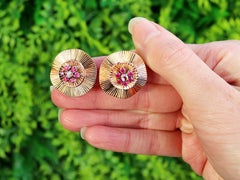 0.26 Carat Diamond and Synthetic Ruby 18k Yellow Gold Stud Earrings Circa 1940