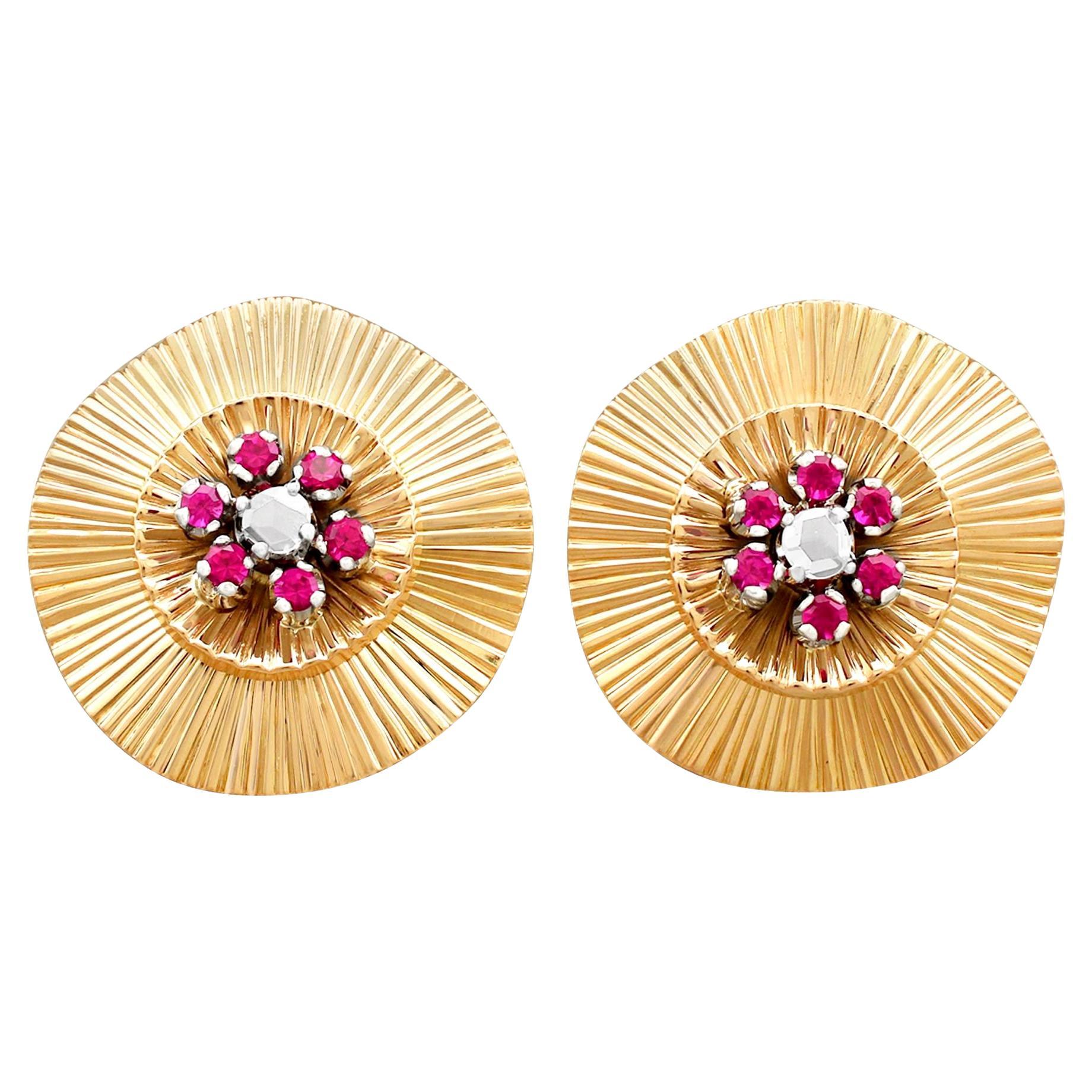 0.26 Carat Diamond and Synthetic Ruby 18k Yellow Gold Stud Earrings Circa 1940