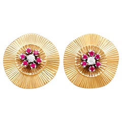 0.26 Carat Diamond and Synthetic Ruby 18k Yellow Gold Stud Earrings Circa 1940