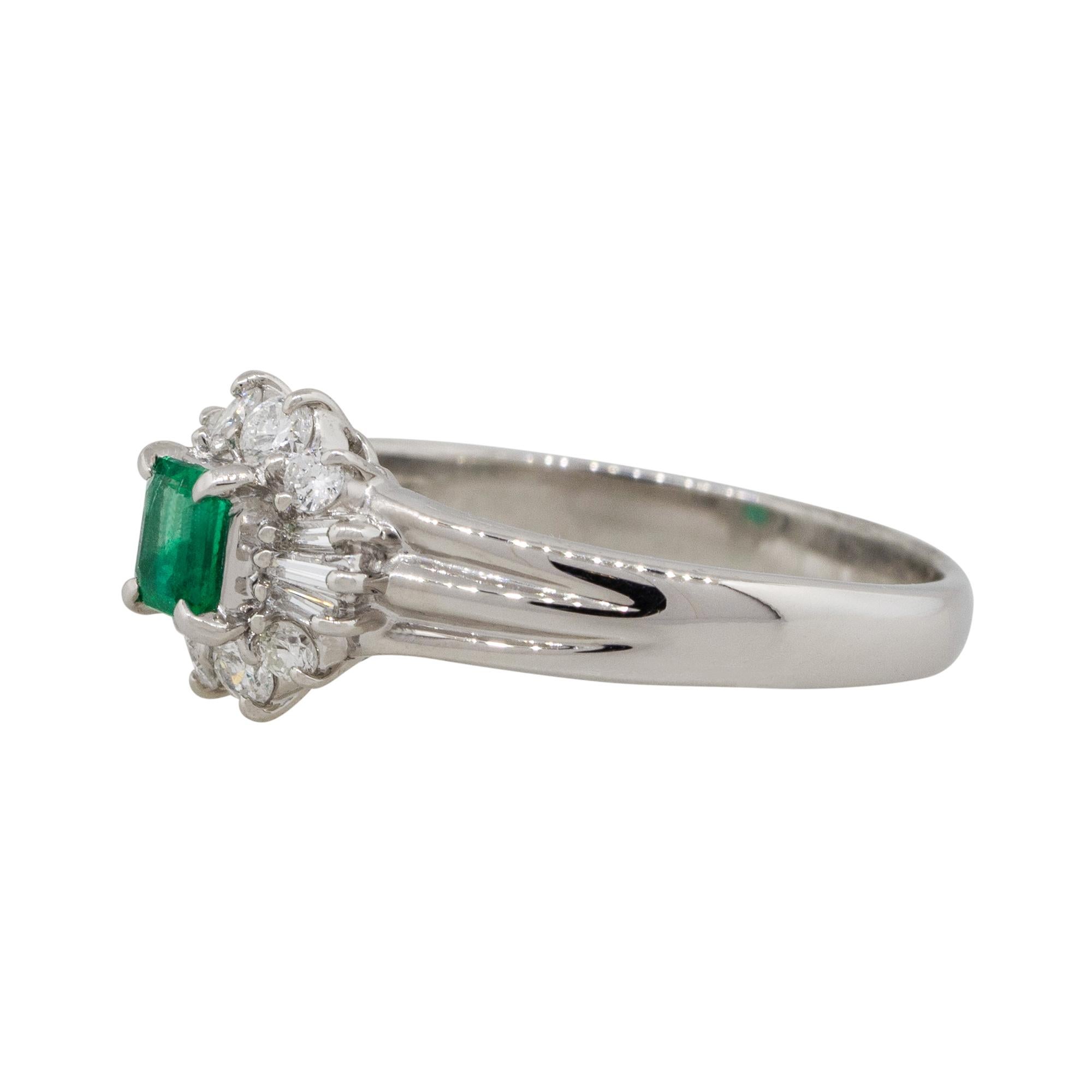 Material: Platinum
Gemstone details: Approx. 0.26ctw square shaped Emerald gemstone
Diamond details: Approx. 0.33ctw of round and baguette cut diamonds. Diamonds are G/H in color and VS in clarity
Ring Size: 7.25
Ring Measurements: 0.75
