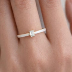 0.26 Carat Emerald Cut Diamond White Enamel Solitaire Band Ring 18k Yellow Gold