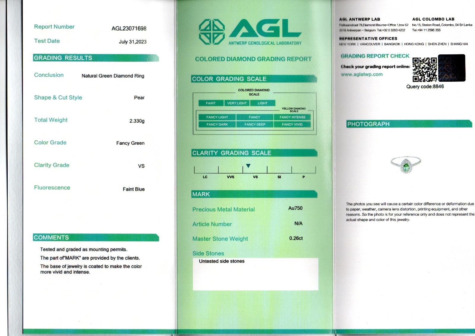 0.26 Carat Fancy Green Diamond Ring VS Clarity AGL Certified For Sale 3