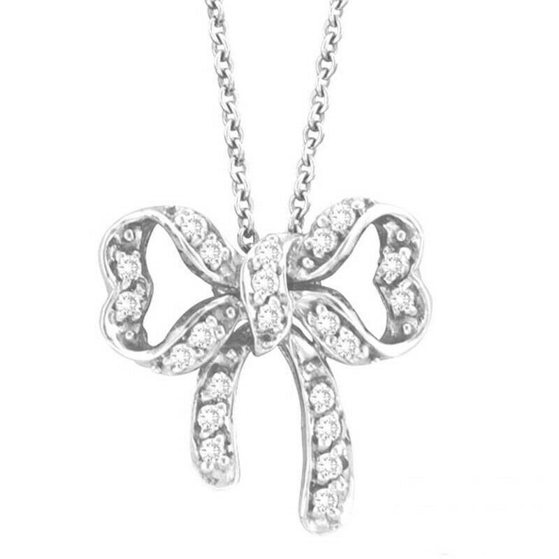 Round Cut 0.26 Carat Natural Diamond Bow Necklace Pendant 14K White Gold For Sale