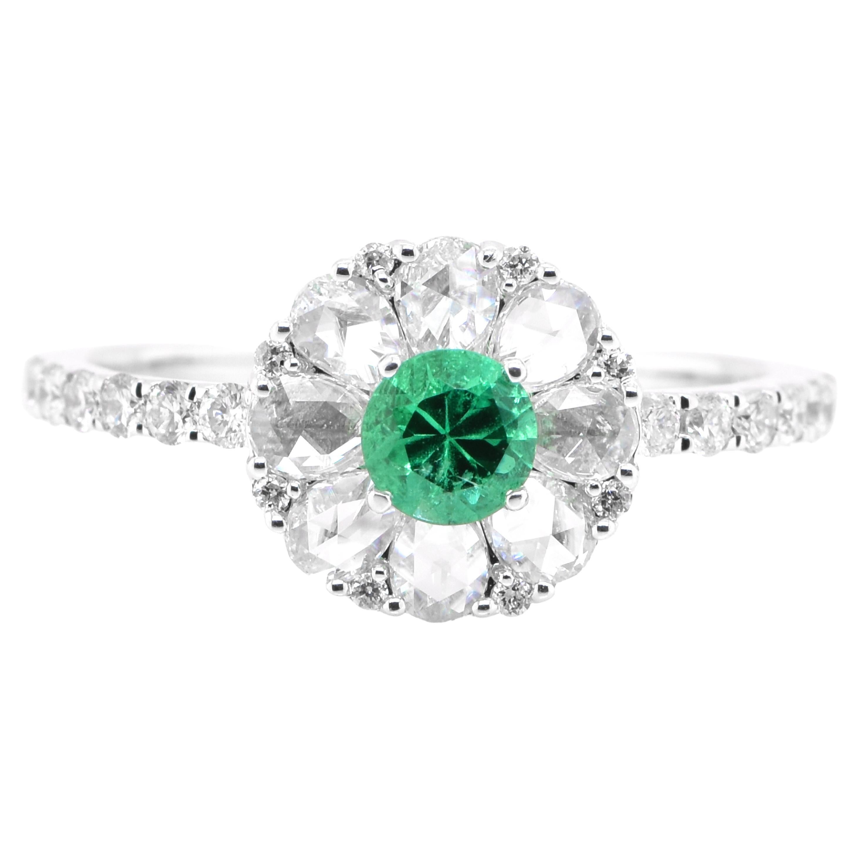  0.26 Carat Natural Emerald and Rose-Cut Diamond Ring set in 18K White Gold For Sale