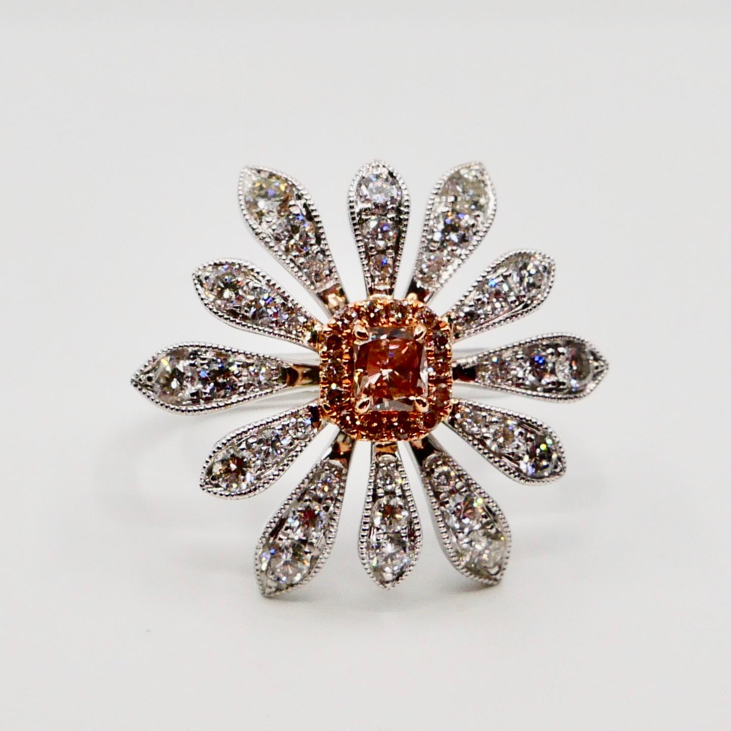 0.26 Carat Natural Fancy Pink Diamond and White Diamond Flower Cocktail Ring For Sale 4