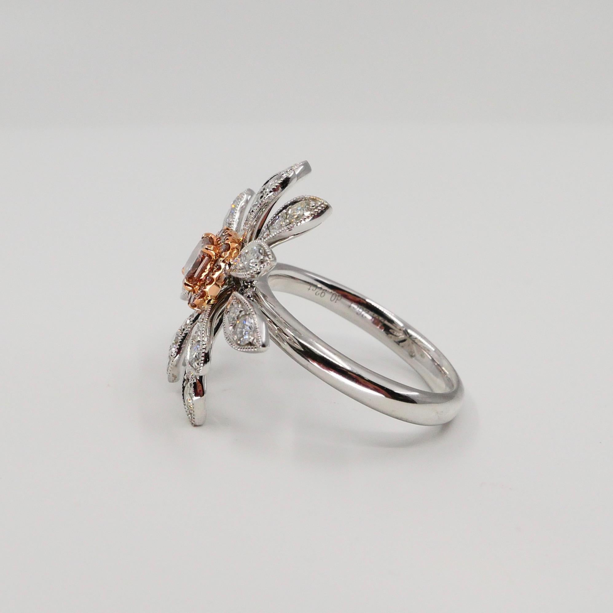 0.26 Carat Natural Fancy Pink Diamond and White Diamond Flower Cocktail Ring For Sale 5