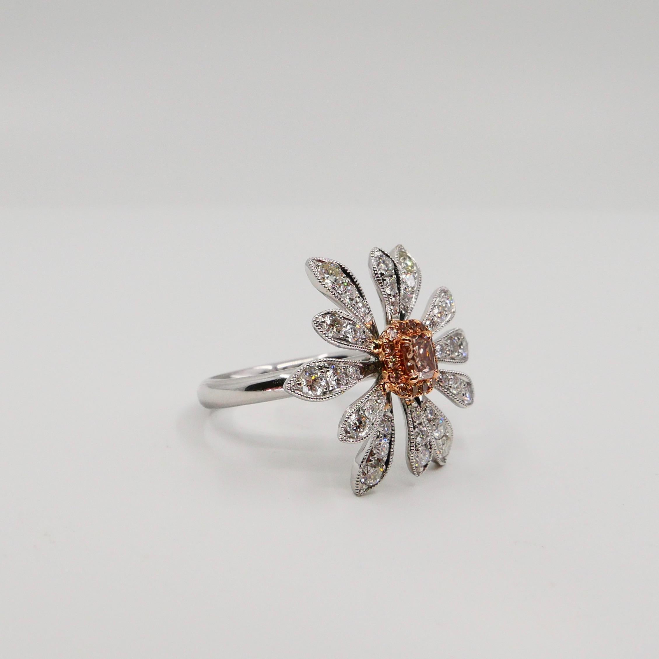 0.26 Carat Natural Fancy Pink Diamond and White Diamond Flower Cocktail Ring For Sale 7