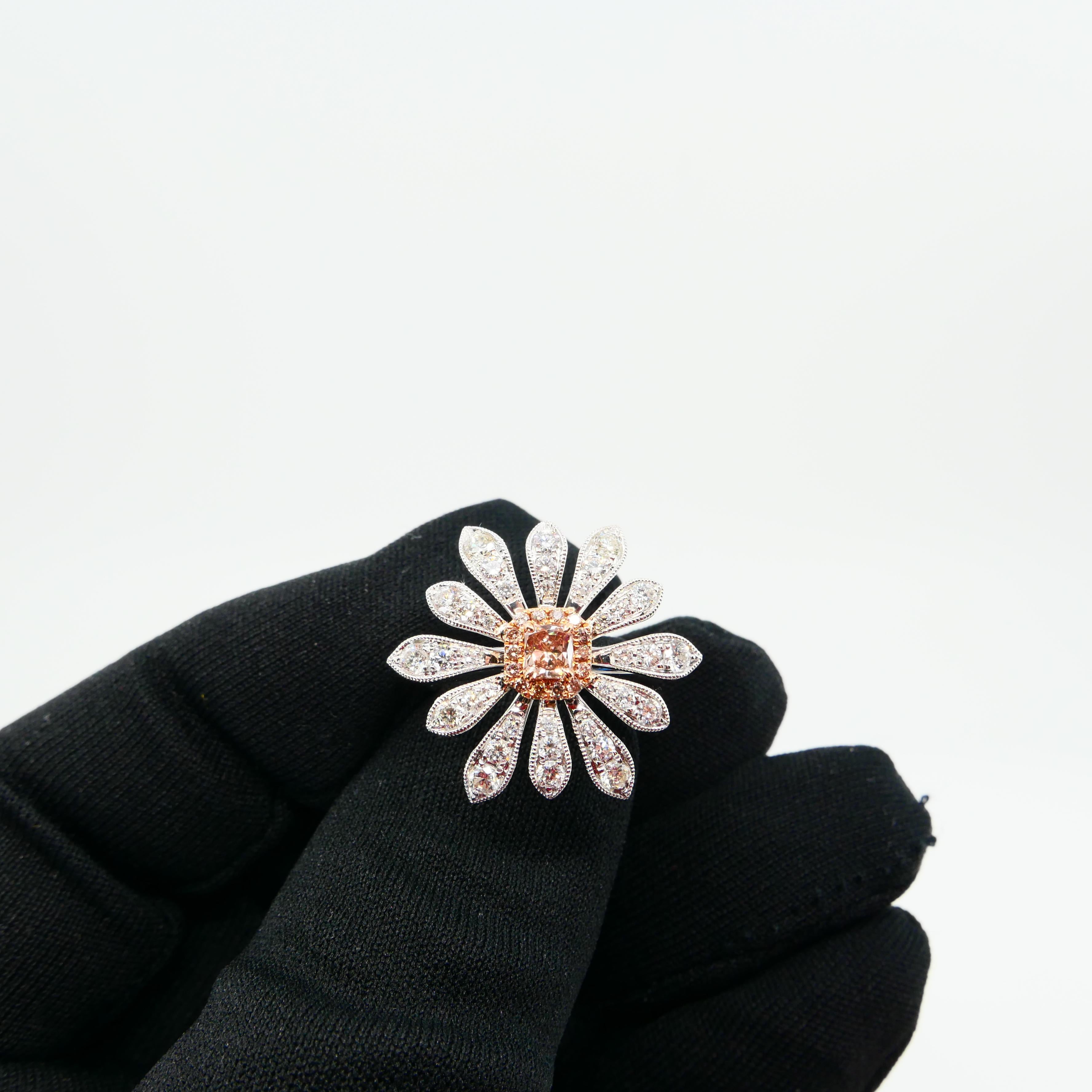 Contemporary 0.26 Carat Natural Fancy Pink Diamond and White Diamond Flower Cocktail Ring For Sale