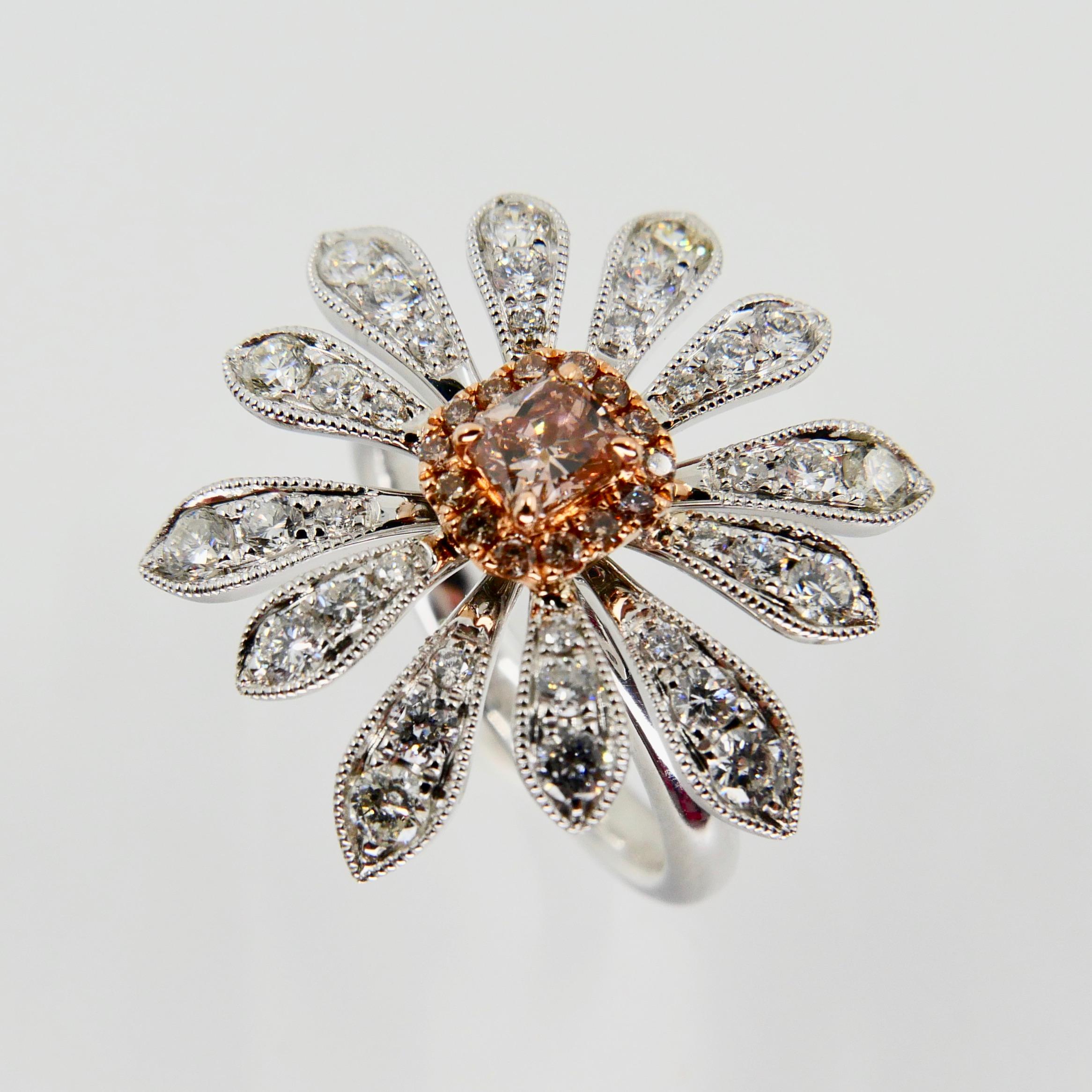 Women's 0.26 Carat Natural Fancy Pink Diamond and White Diamond Flower Cocktail Ring For Sale