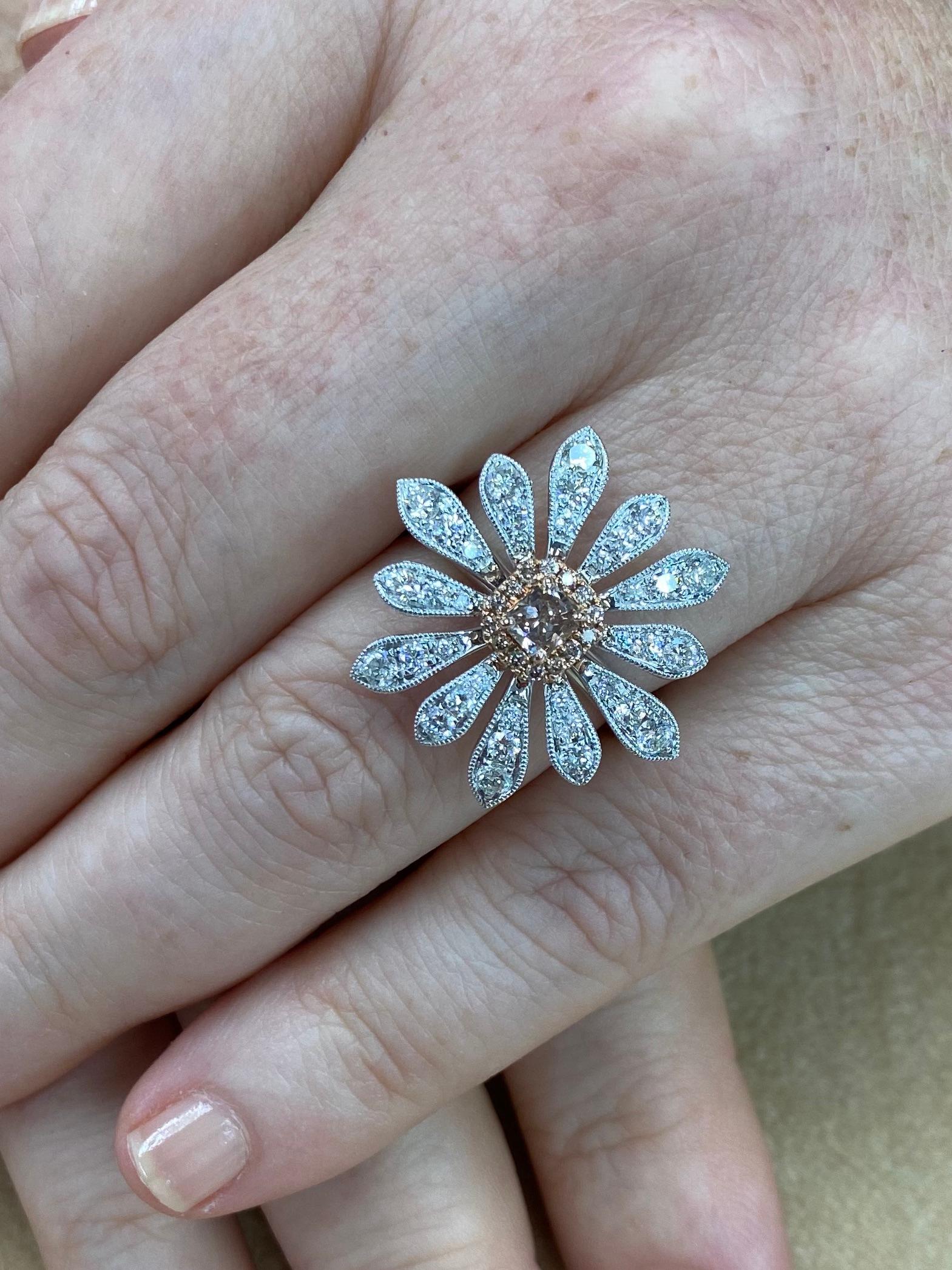 0.26 Carat Natural Fancy Pink Diamond and White Diamond Flower Cocktail Ring For Sale 1