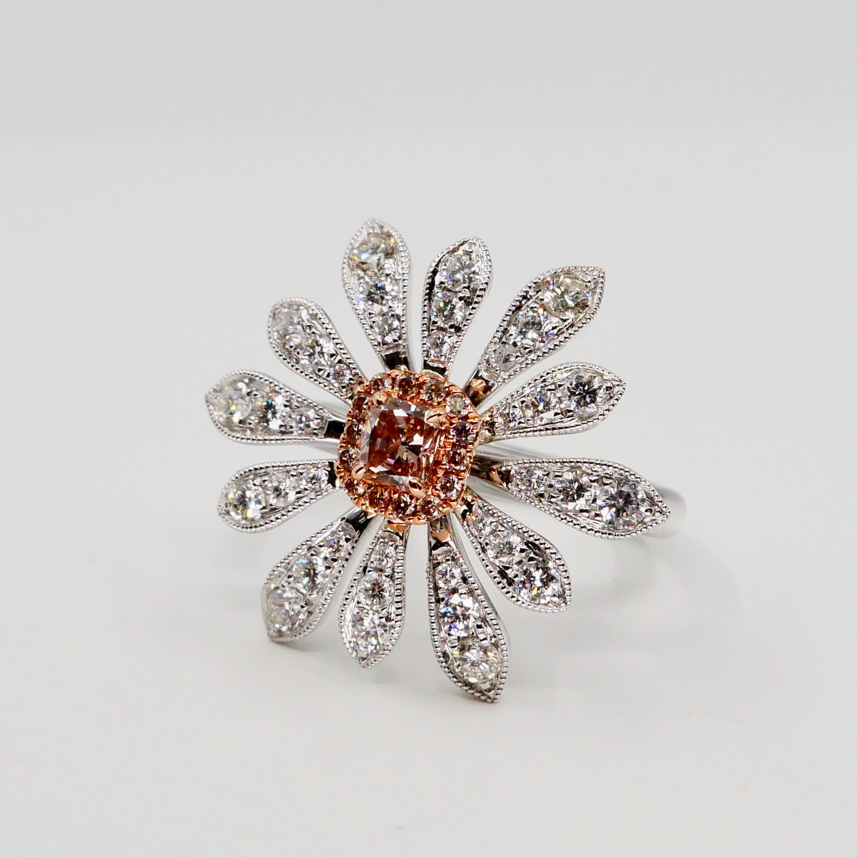0.26 Carat Natural Fancy Pink Diamond and White Diamond Flower Cocktail Ring For Sale 2