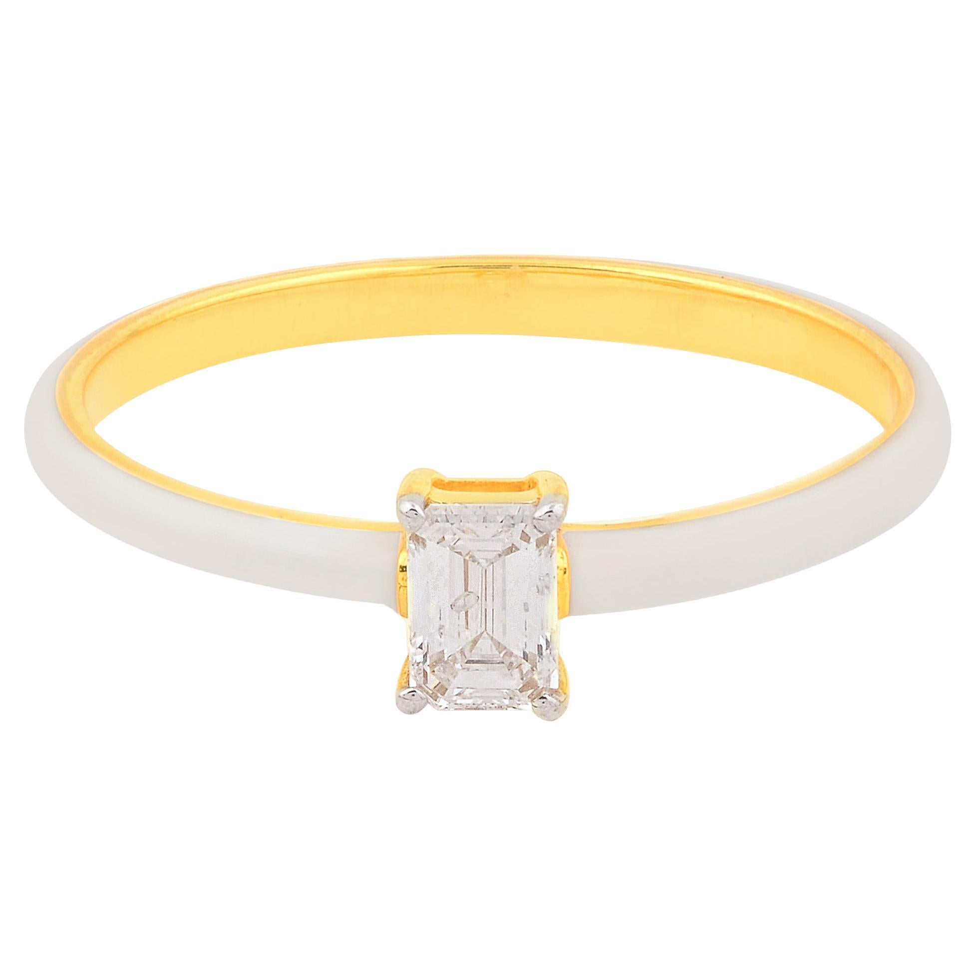 0.26 Carat Solitaire Emerald Cut Diamond Band Ring White Enamel 18k Yellow Gold