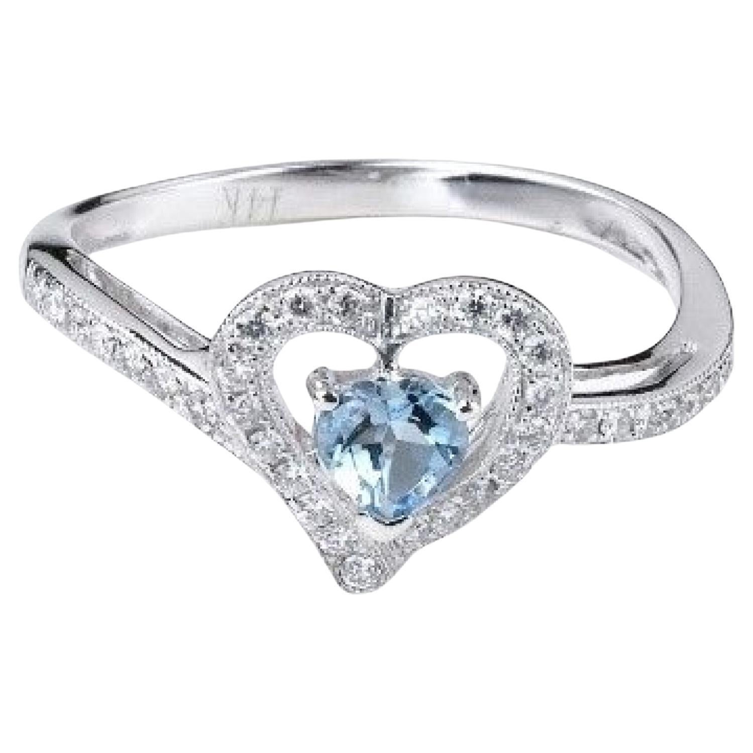 0.265 Carat Aquamarine and Diamond Heart Ring in 14 Karat White Gold
