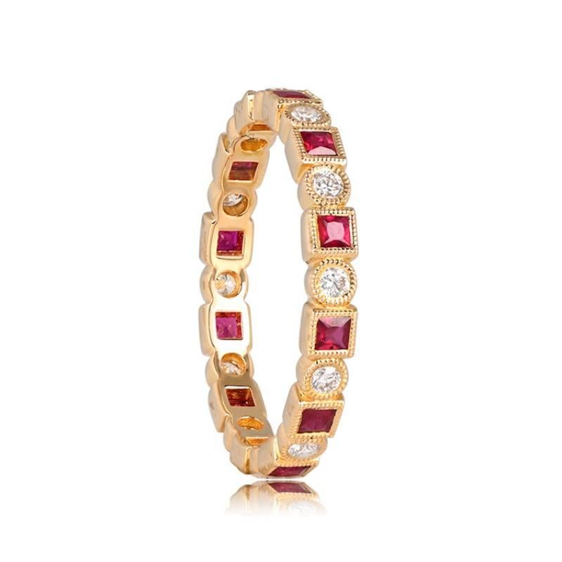 Art Deco 0.26ct Diamond & 0.44ct Ruby  Eternity Band Ring, 18k Yellow Gold For Sale