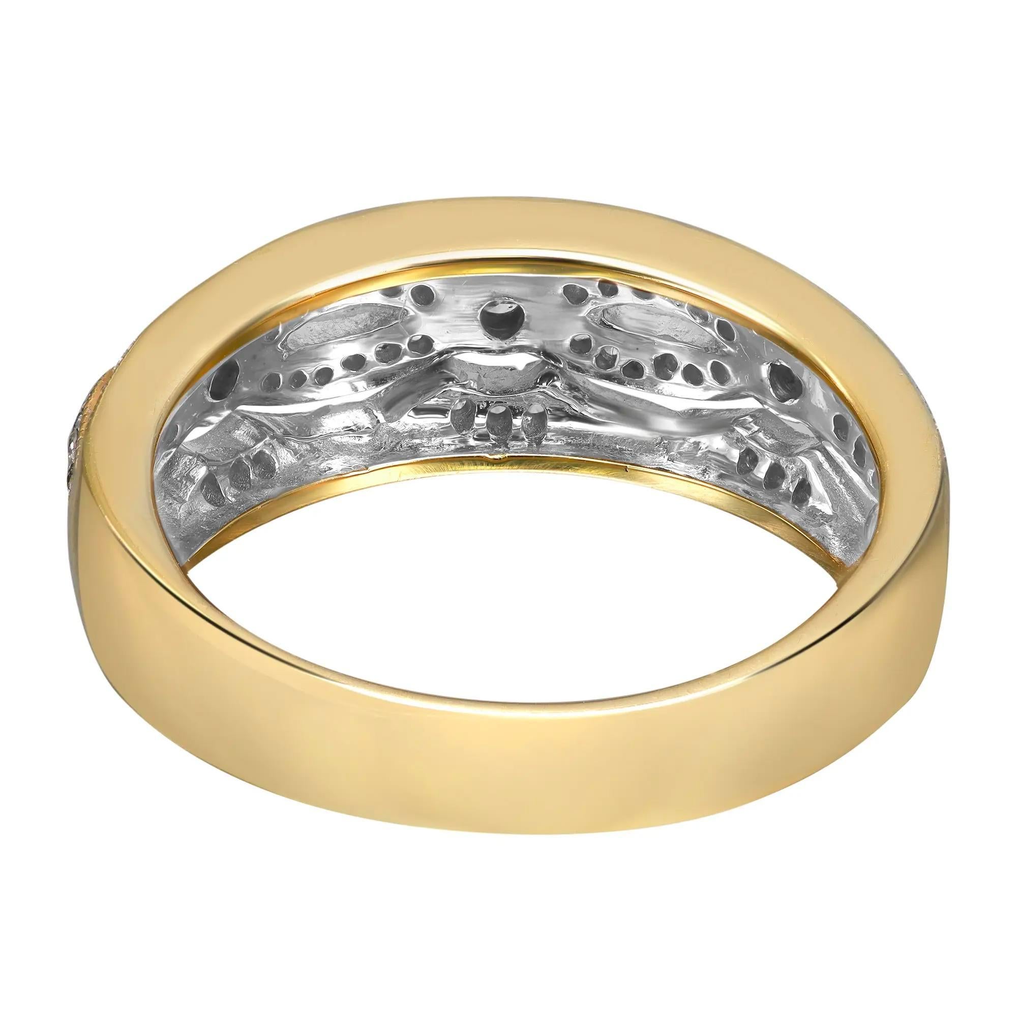 This beautiful ladies band ring features round brilliant cut diamonds in pave setting. Crafted in high polished 14k yellow gold. Diamond color I and SI clarity. Total diamond weight: 0.26 carat. Ring size: 7.5. Ring width: 7mm. Total weight: 4.92