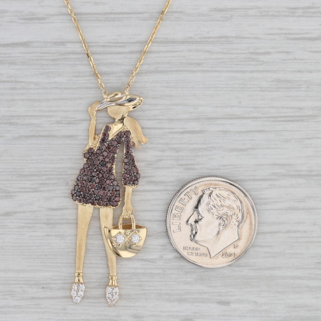 0.26ctw Cubic Zirconia Figural Fashion Lady Pendant Necklace 18k Gold For Sale 2