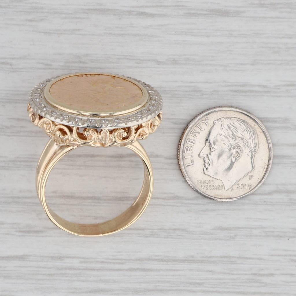 Women's or Men's 0.26ctw Diamond Halo Indian Head Coin Ring 14k 900 Gold 1910 2.5 Dollars Sz 9.5 For Sale