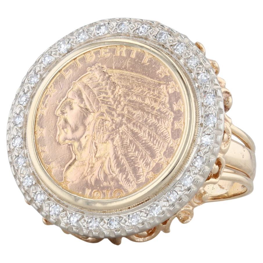 0.26ctw Diamond Halo Indian Head Coin Ring 14k 900 Gold 1910 2.5 Dollars Sz 9.5 For Sale