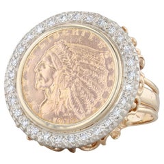 0.26ctw Diamond Halo Indian Head Coin Ring 14k 900 Gold 1910 2.5 Dollars Sz 9.5