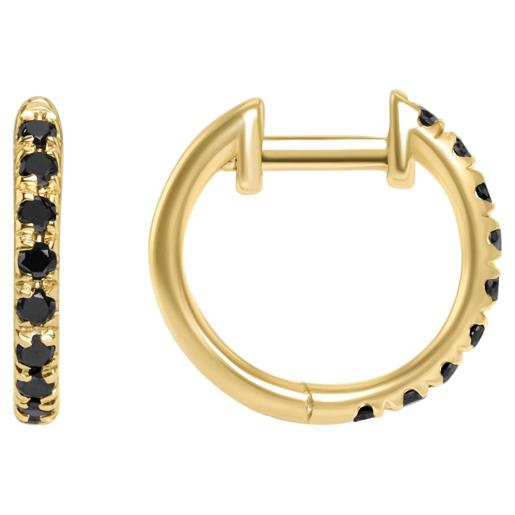 0.27 Carat Black Diamond Hoop Earrings in 14 Karat Yellow Gold, Shlomit Rogel For Sale