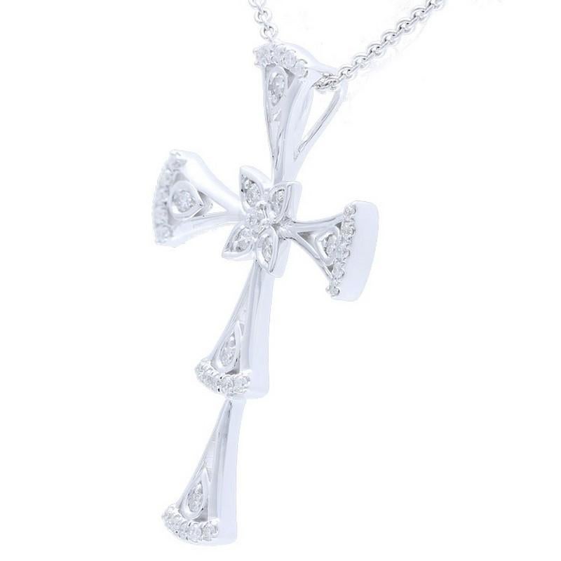 Taille ronde Collier croix en or blanc 14 carats avec diamants de 0,27 carat en vente