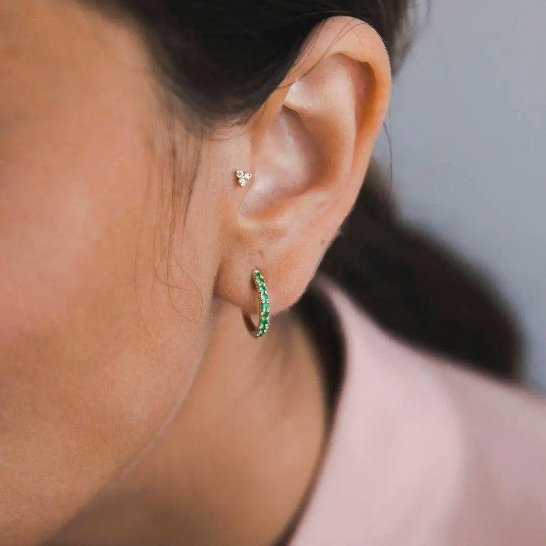 Women's 0.27 Carat Emerald Birthstone Hoop Earrings in 14K Yellow Gold, Shlomit Rogel For Sale