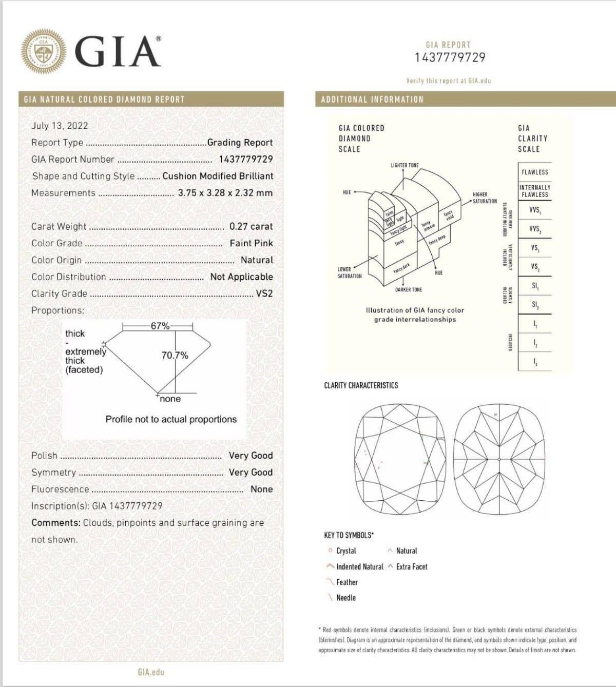 0.27 Carat Faint Pink Cushion Diamond Ring VS2 Clarity GIA Certified For Sale 2