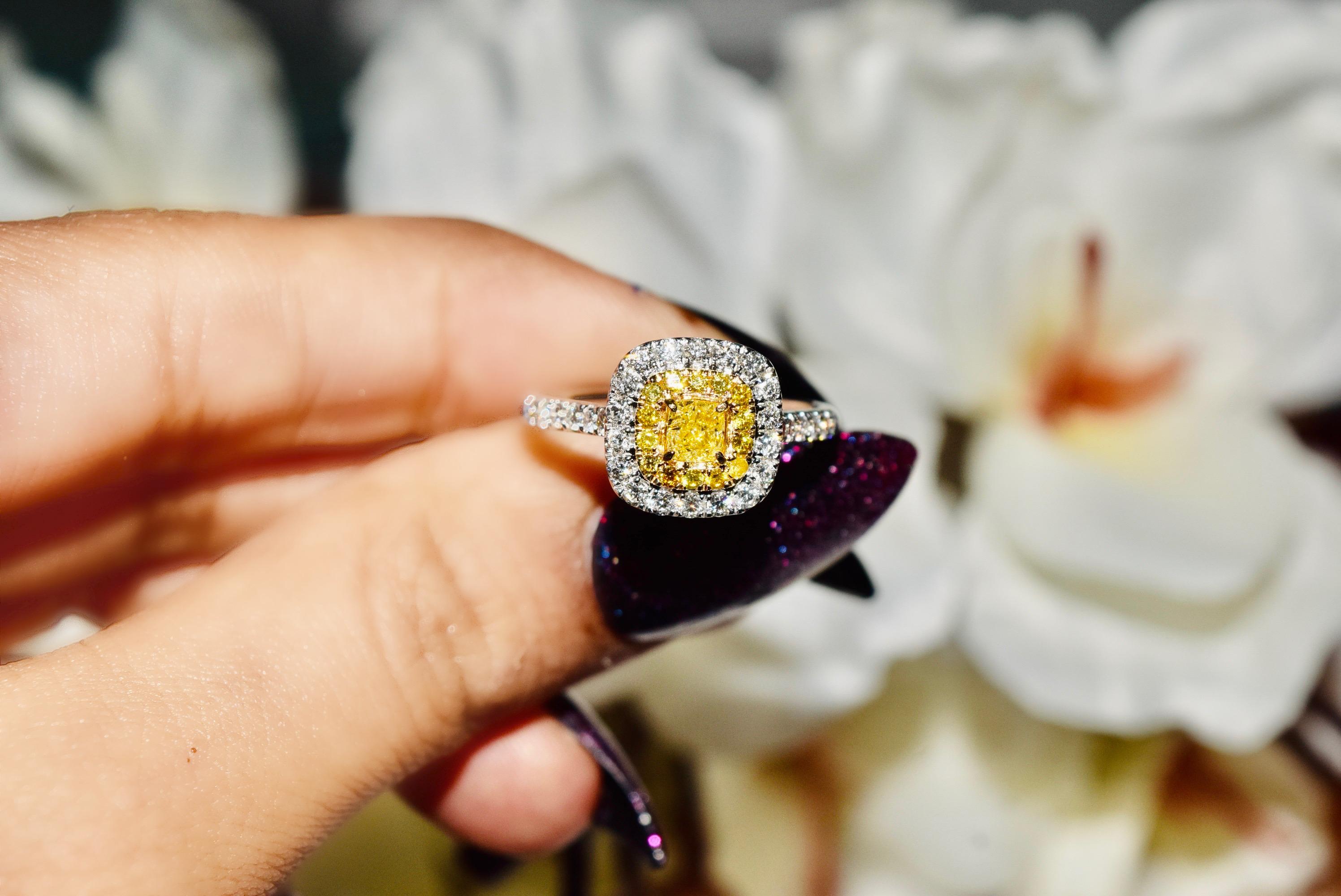 **100% NATURAL FANCY COLOUR DIAMOND JEWELLERY**

✪ Jewellery Details ✪

♦ MAIN STONE DETAILS

➛ Stone Shape: Cushion
➛ Stone Color: Fancy Yellow
➛ Stone Weight: 0.27 carat
➛ Clarity: SI
➛ AGL certified

♦ SIDE STONE DETAILS

➛ Side yellow diamond