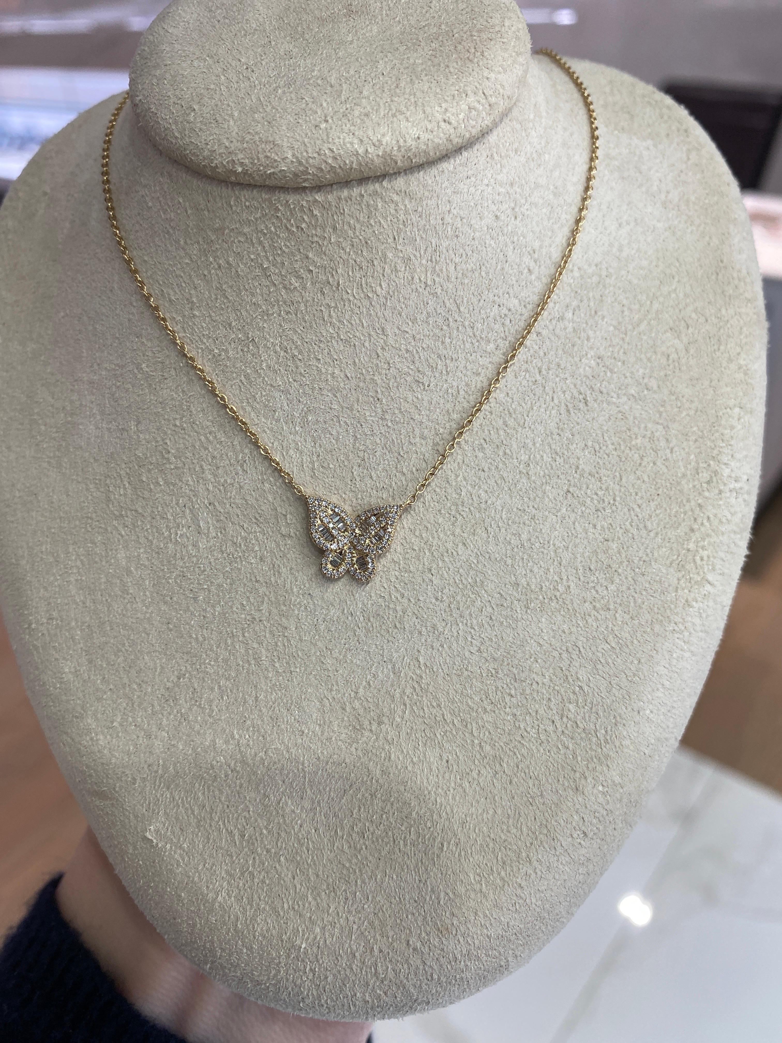 Halskette mit Schmetterlingsanhänger, 0,27 Karat Gesamtgewicht Baguette & runder Diamant im Angebot 5