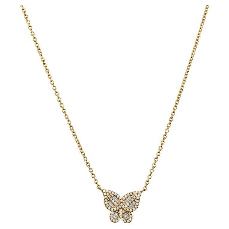 Halskette mit Schmetterlingsanhänger, 0,27 Karat Gesamtgewicht Baguette & runder Diamant im Angebot