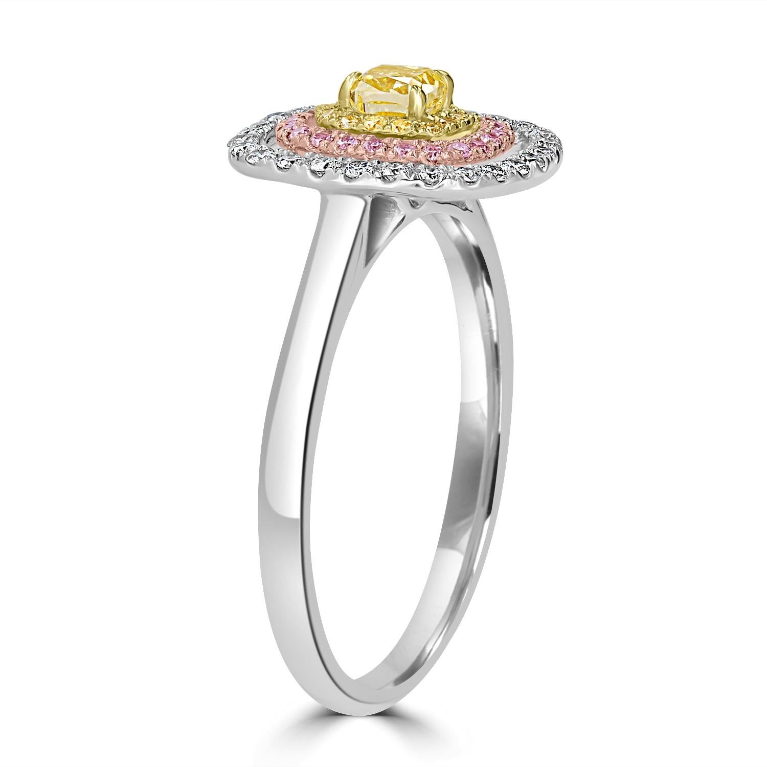 Contemporary 0.27 Carat Yellow Diamond Solitaire with Yellow, Pink and White Diamond Halos