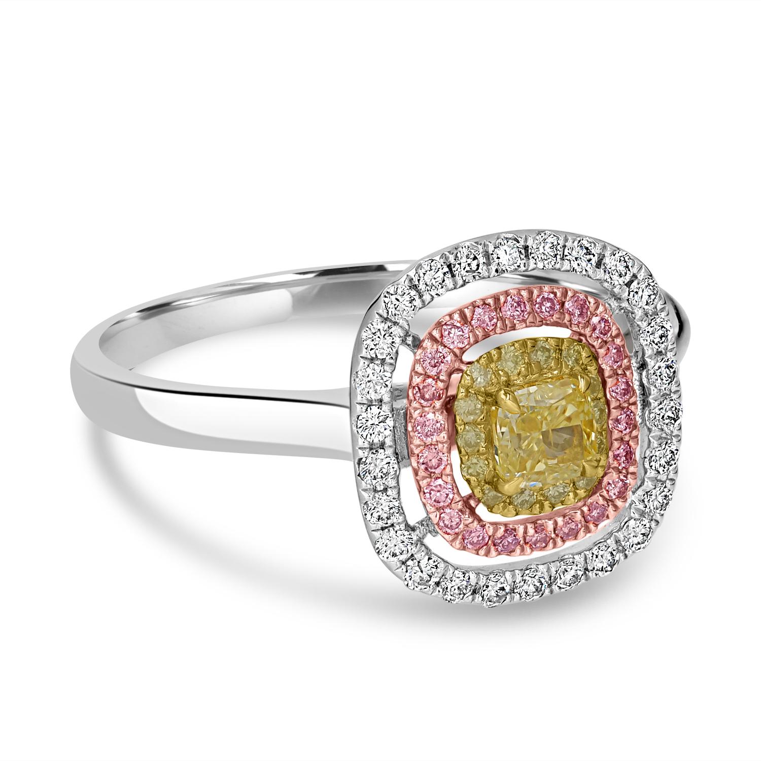 Cushion Cut 0.27 Carat Yellow Diamond Solitaire with Yellow, Pink and White Diamond Halos